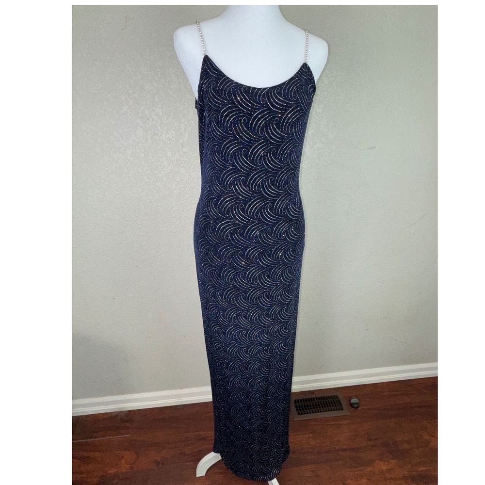 Scott McClintock Vintage Navy Glitter Swirl Gown Rhinestone Straps Low Back 6